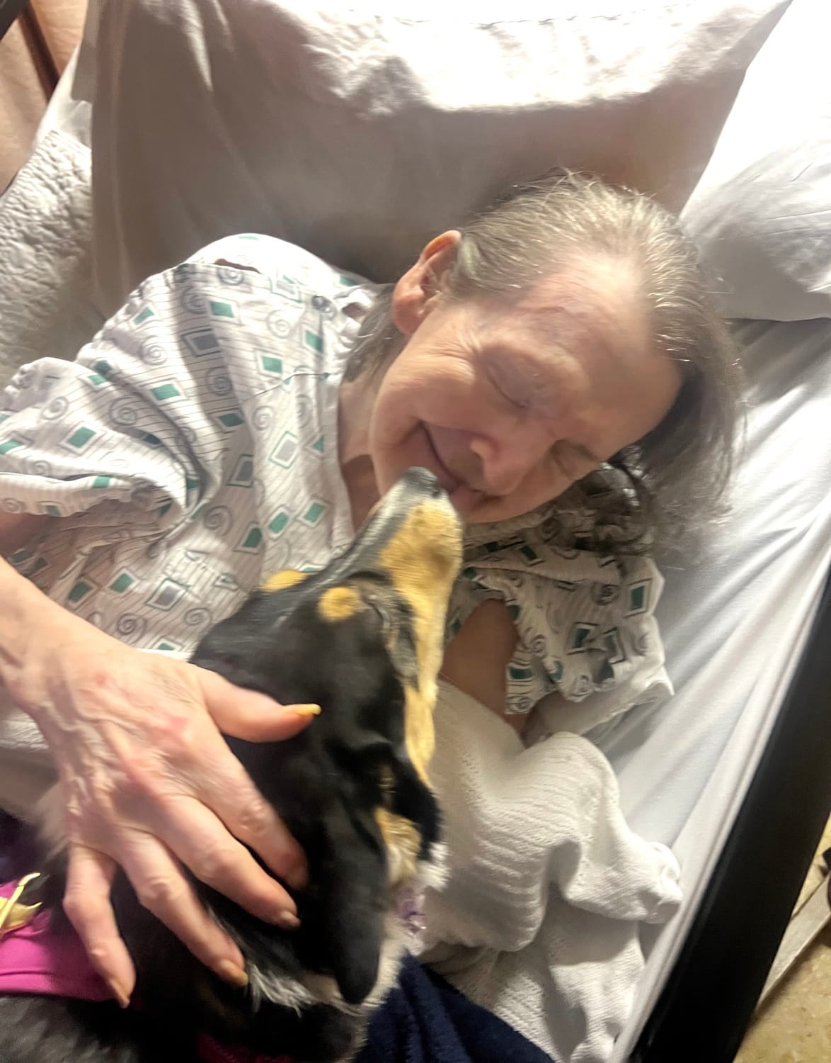 A Perkins Country Manor resident sharing a quiet moment with a visiting therapy dog