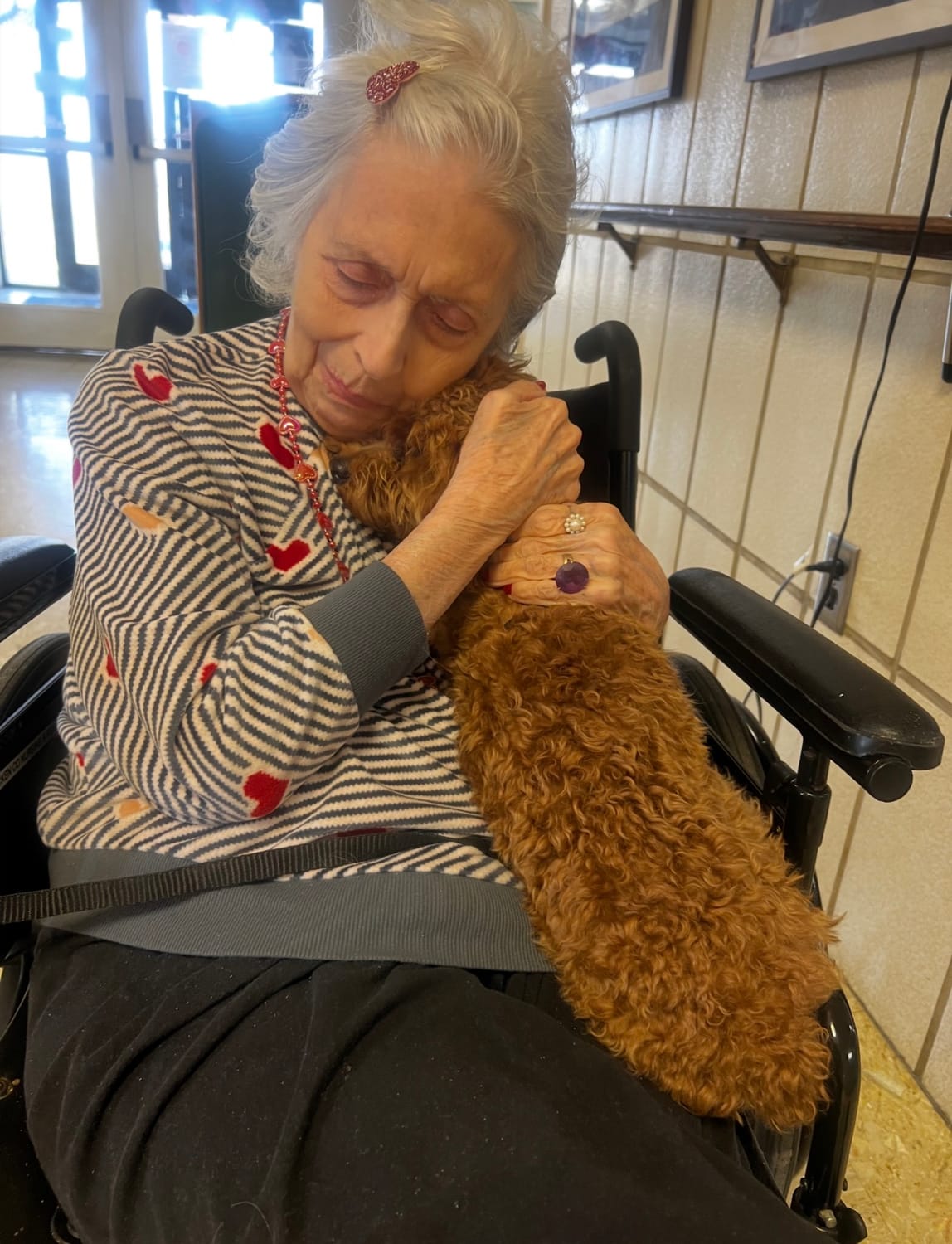 A Perkins Country Manor resident with a visiting therapy dog